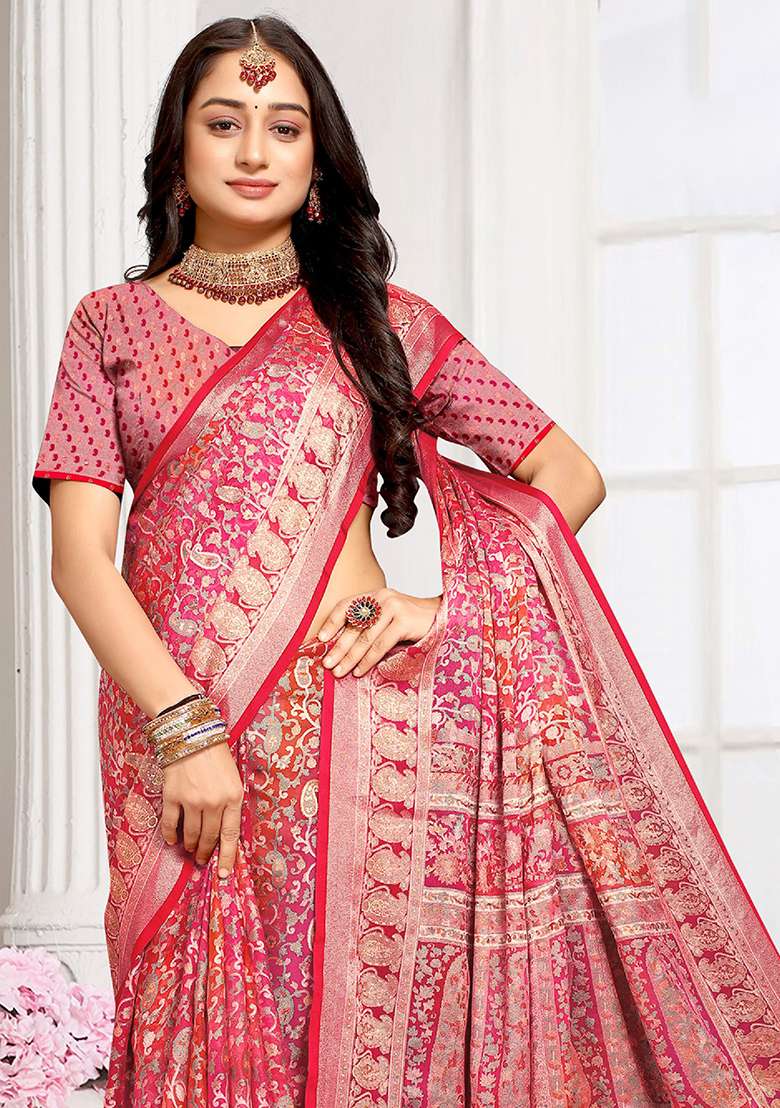 Pink Brasso Saree Set with Embroidered for Diwali | Wedding & Festive Wear - Indya